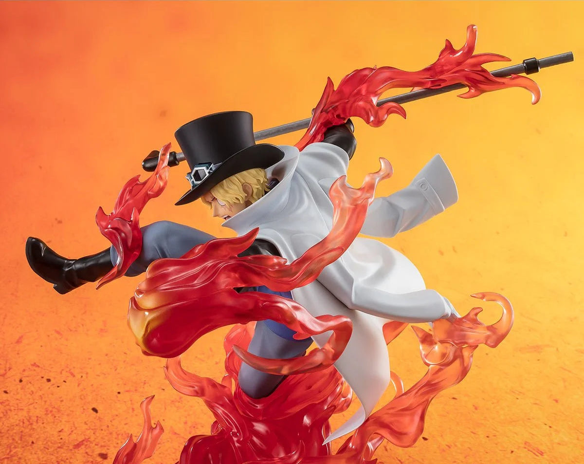 Action figure with flames and a sword against an orange background
