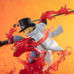 Action figure with flames and a sword against an orange background